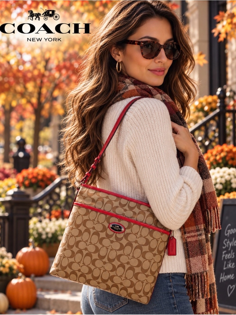 COACH Signature File Crossbody Bag | Khaki & Brown Canvas w/ Coral Leather Trim